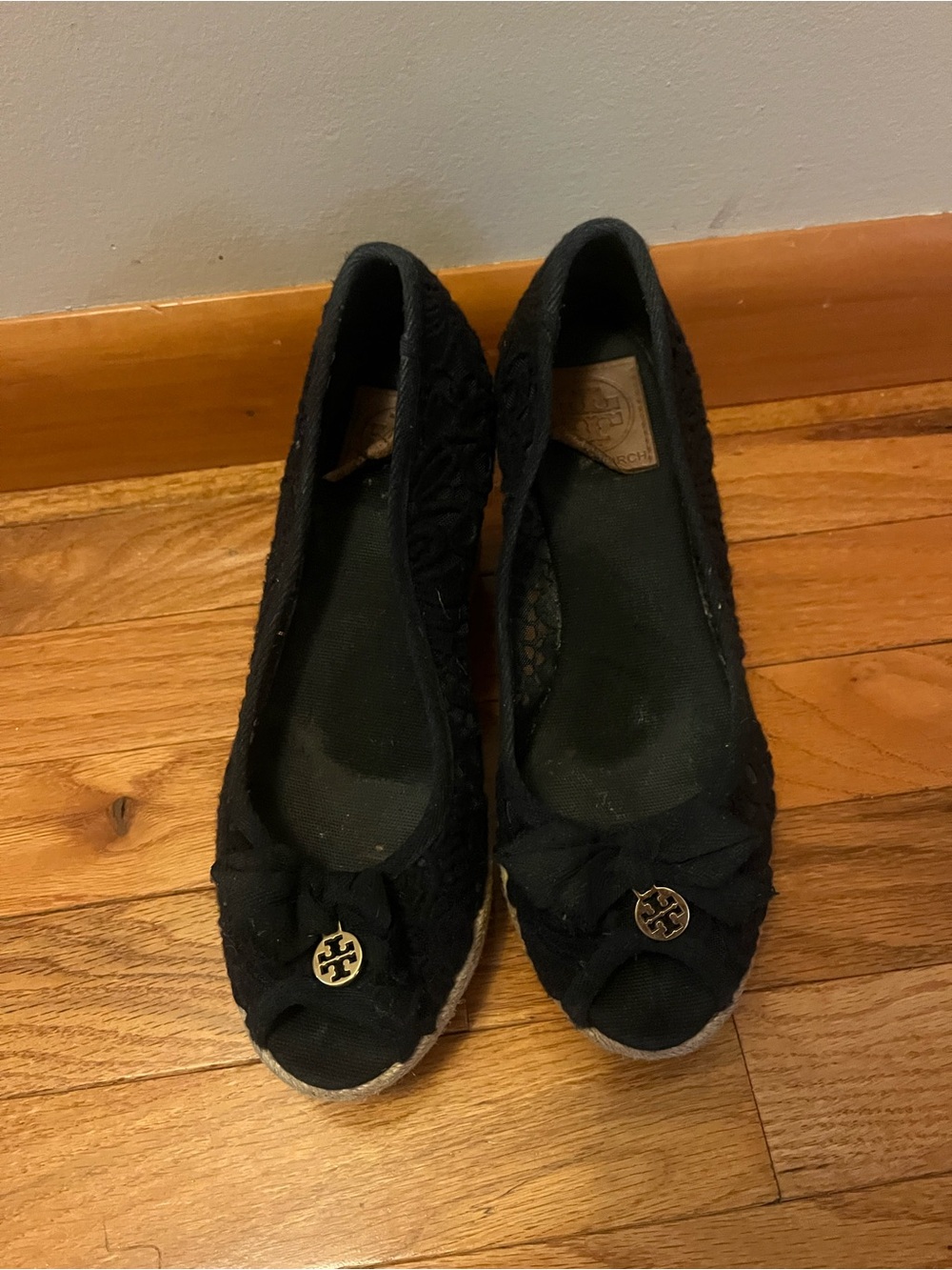 Tory Burch Black Lace Peep-Toe Espadrille with Gold Logo
